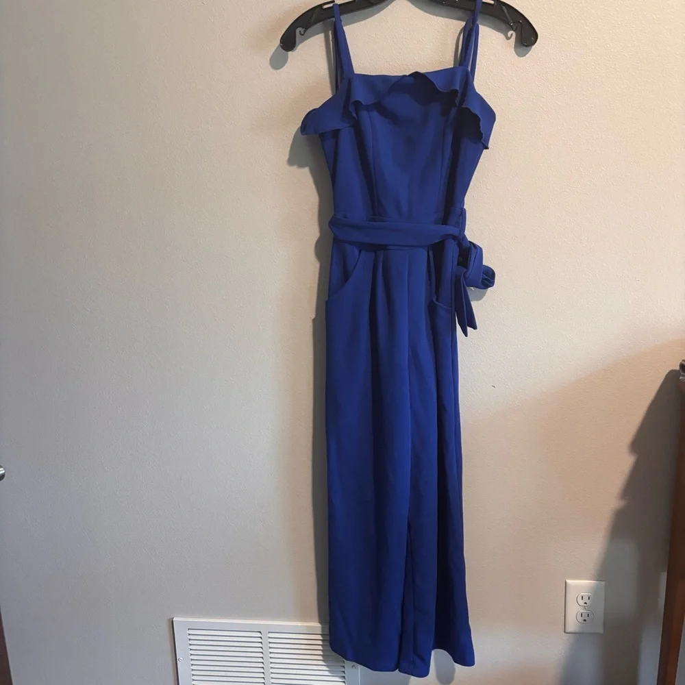 Blue Ruffle Strap Romper with Waist Tie XS with pockets EMERALD SUNDAE - Picture 1 of 4
